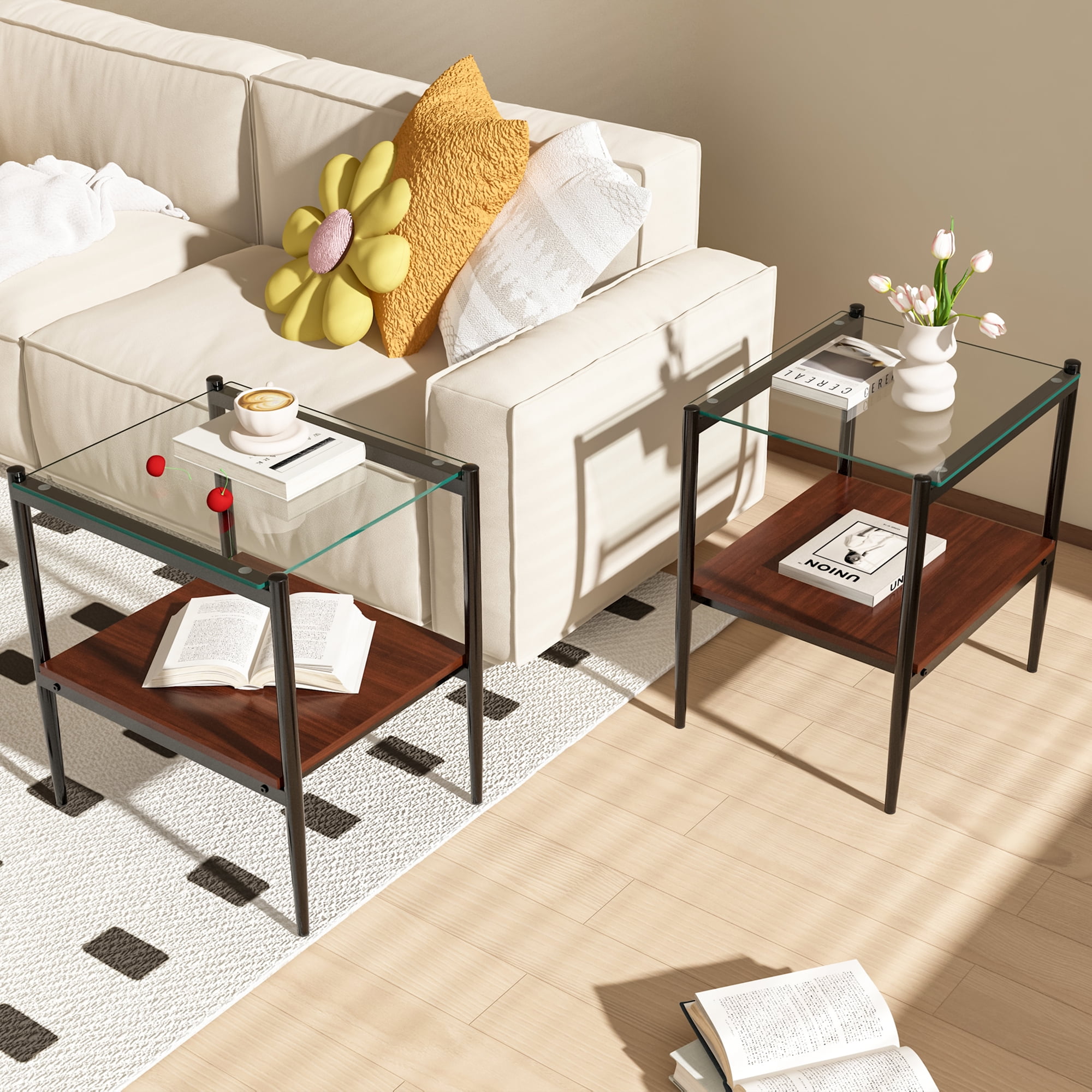 MAYEERTY Set of 2 Rectangle End Tables with Transparent Tempered Glass & MDF Layer