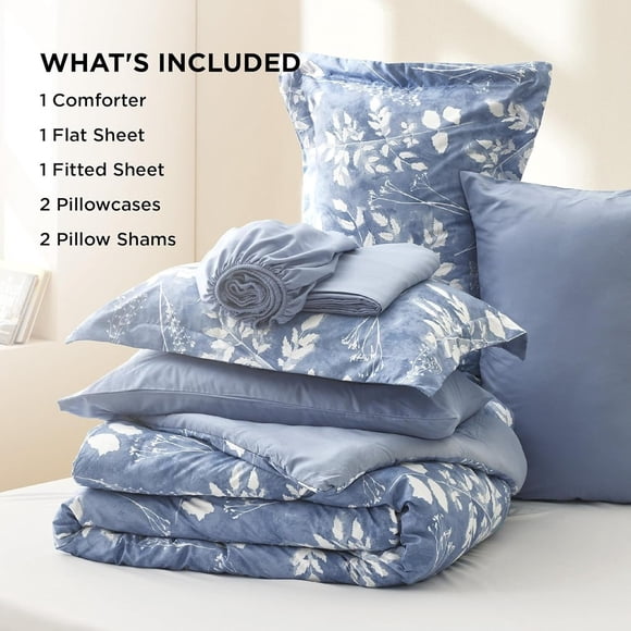 "King Size Comforter Set - 7 Pieces Floral Blue Soft Bedding Sets, King Bed in "