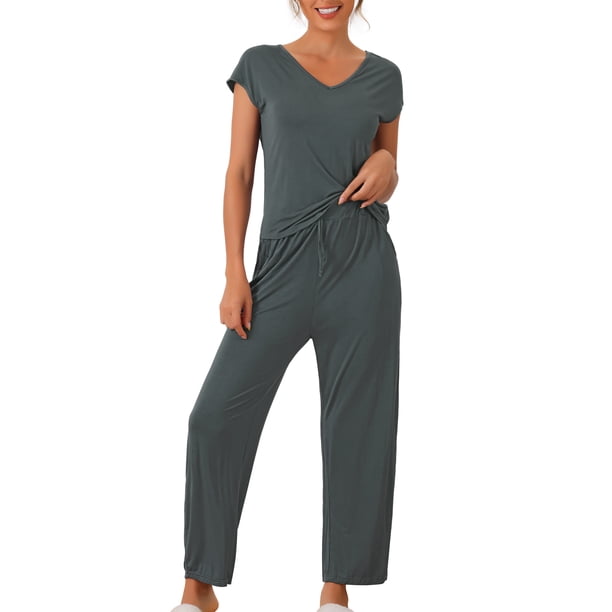 Conjunto de pijama casual de modal de manga corta para mujer 2 piezas, ropa de casa, pantalones largos, sudadera XL gris oscuro