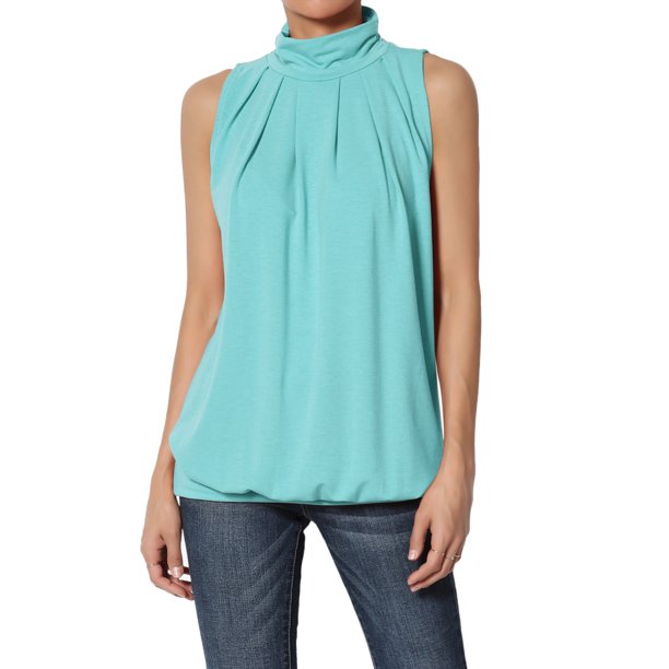TheMogan TheMogan Women's Sleeveless Mock Neck Banded Hem Pleated Top