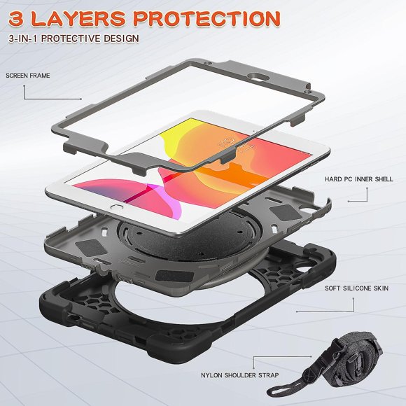 Funda a juego para iPad Mini 4/5 con correa para el hombro, soporte de anilla ajustable grande, portalápices y protección contra golpes.