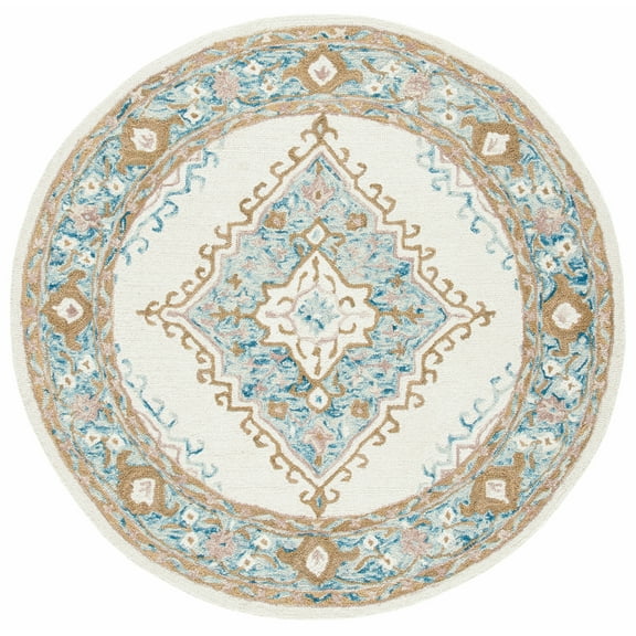 SAFAVIEH Micro-Loop Byron Geometric Striped Area Rug, Ivory/Blue, 5' x 5' Round