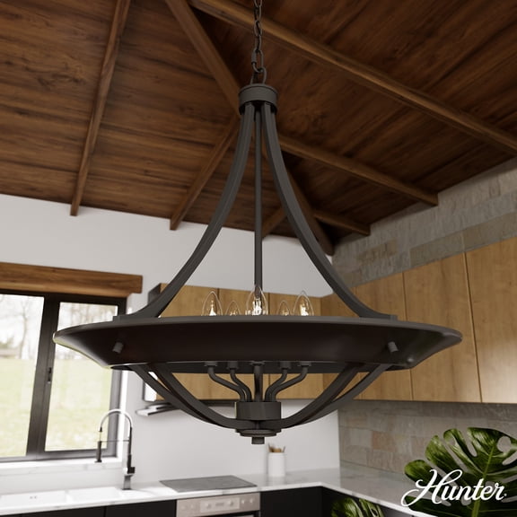 Hunter - Perch Point 4-light Noble Bronze, Large Pendant Light, Dimmable, Casual Style, Empire Shaped, for Bedrooms, Dining, Living Rooms - 19428