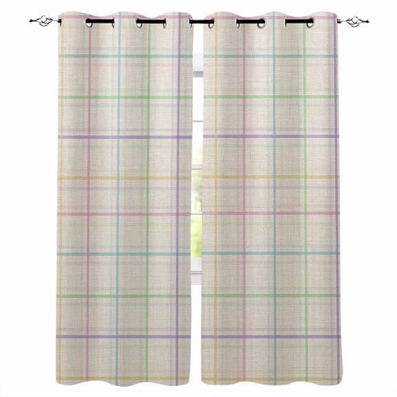 Colorful Geometric Plaid Blackout Curtains 45 Inches Long, Kitchen Black Out Window Treatments, Simple Vintage Grid Beige Thermal Insulated Lined Drapes for Small Window with Grommet 42"x45"