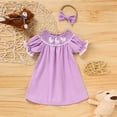thumbnail image 3 of ZEHJUHAN Toddler Girls' Solid Color Dress Ruffle Short Sleeve Bunny Embroidery Dress with Headband Bow Purple，9-12M, 3 of 9