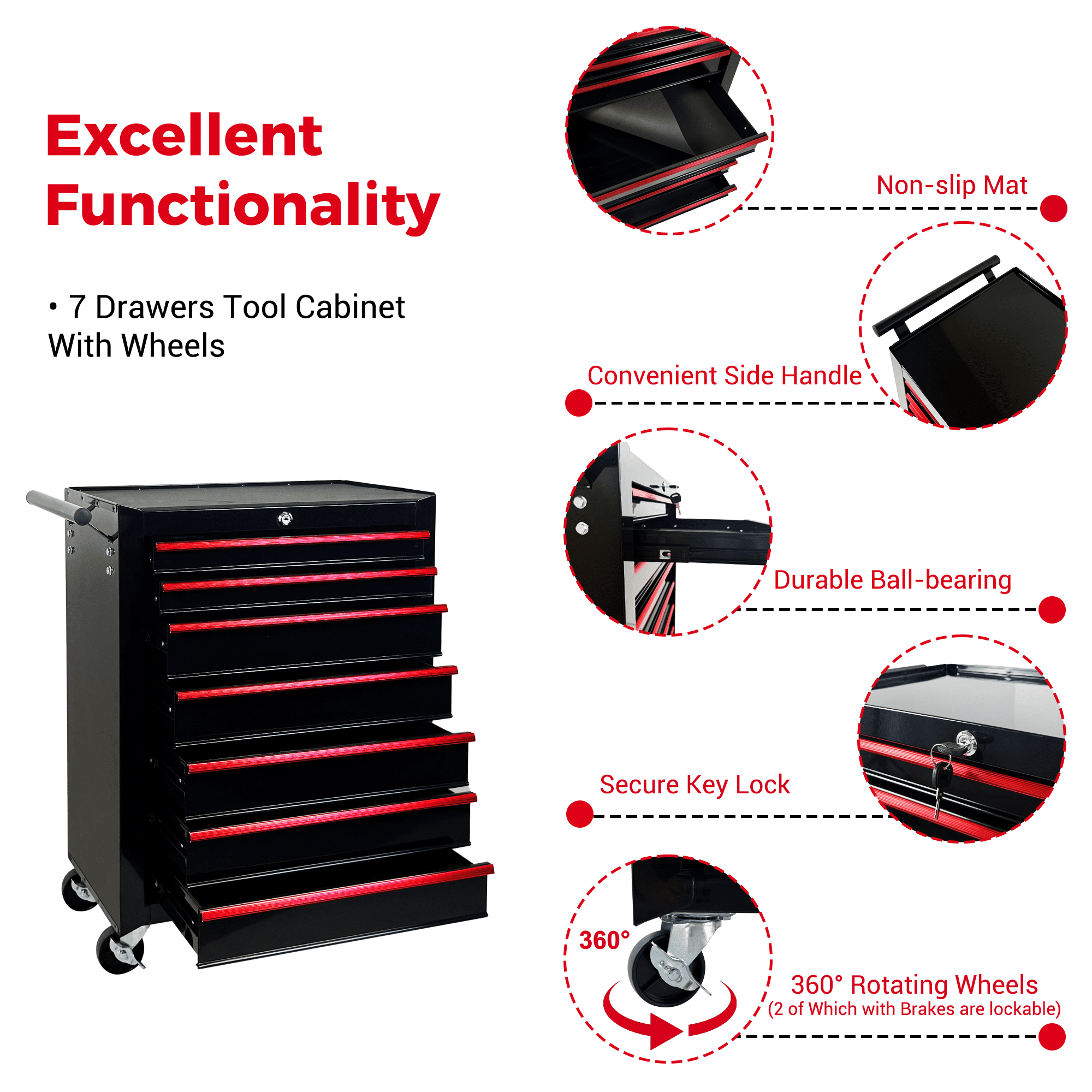 Rolling 20-Inch Metal Tool Chest with 7 Drawers and Ball Bearing Slides, Steel Tool Cabinet for Garage and Workshop, Black