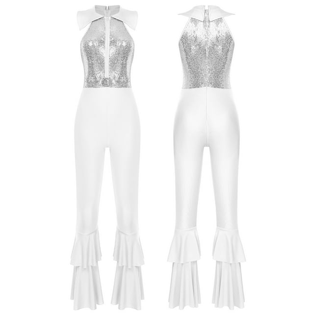 Nyeemya Combinaison Évasée pour Femmes, Justaucorps Scintillant Sans Manches, Pantalon, Argent G