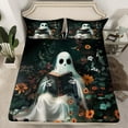 thumbnail image 2 of Manfei Halloween Ghost Kids Queen Sheet Sets, Horror Spooky Skull Flat Sheet, Rustic Groovy Flower Queen Fitted Sheet, Lightweight Room Decor, 4-Piece, 2 of 7