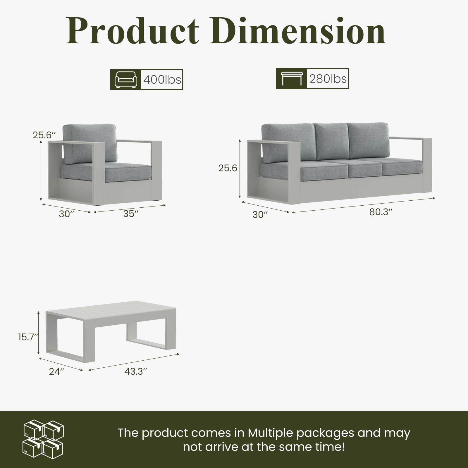 LayinSun Oversized Aluminum Outdoor Furniture Set, 4 Piece Patio Sofa Sets with Coffee Table, Deep Seating and Upgraded 6-inch Cushions for Porch, Balcony, Deck