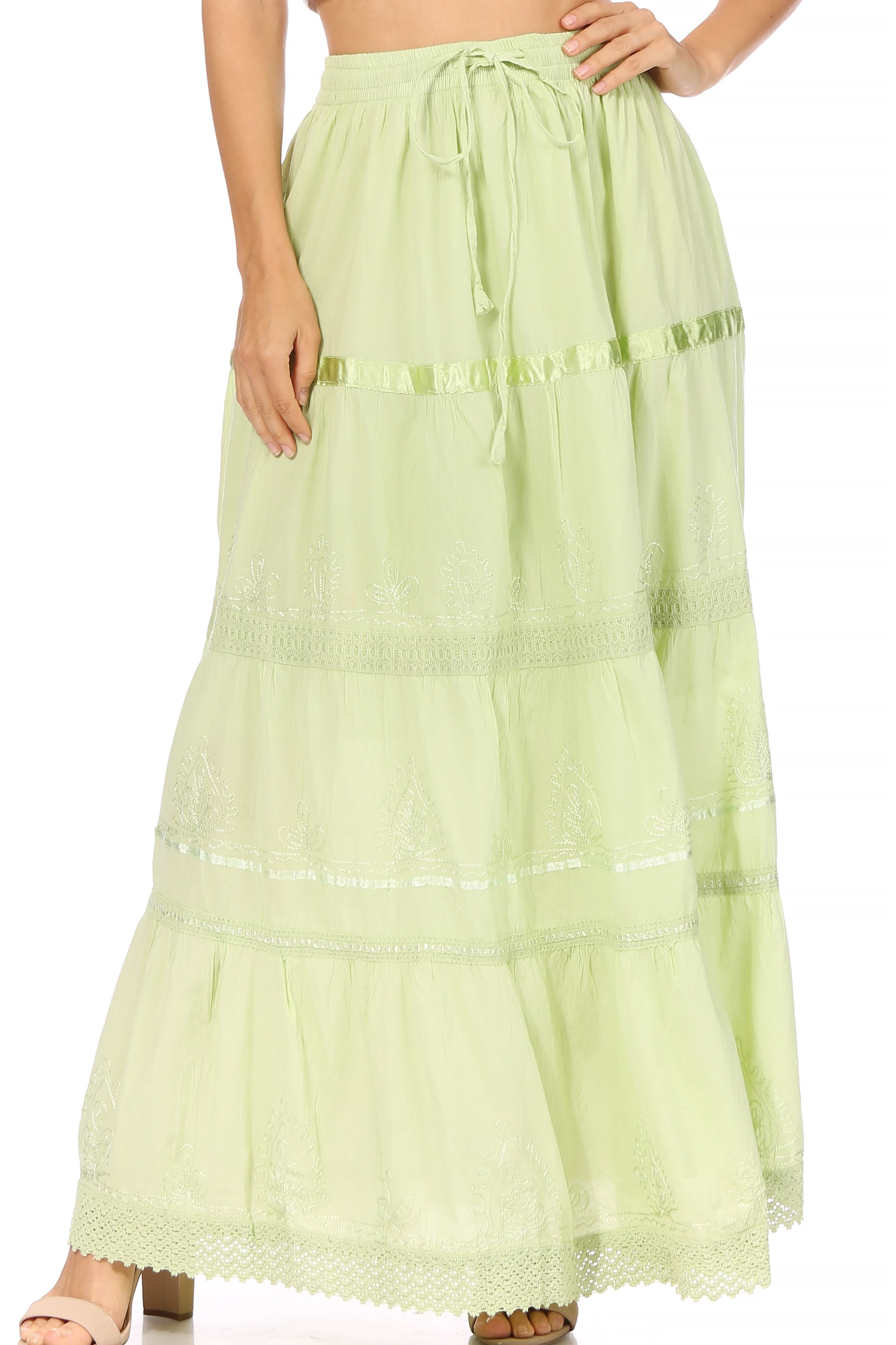 Sakkas Solid Embroidered Gypsy / Bohemian Full / Maxi / Long Cotton Skirt -  Spring Green - One Size - Walmart.com