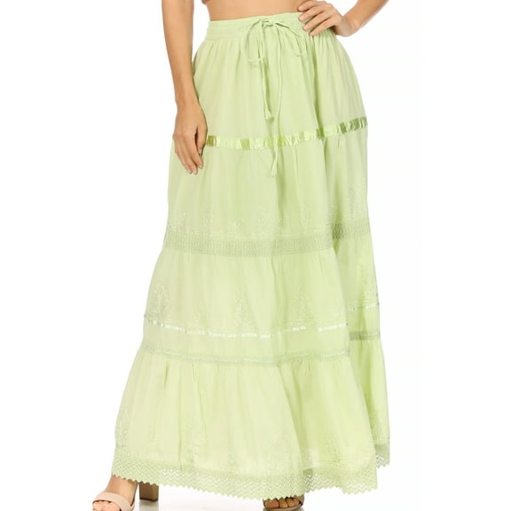 Sakkas Solid Embroidered Gypsy / Bohemian Full / Maxi / Long Cotton Skirt - Spring Green - One Size