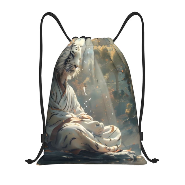 Xecao Forest Meditating White Tiger Pattern Sports Drawstring Backpack - String Swim Gym Bag with Wet Proof Pocket for Women&Men-Small
