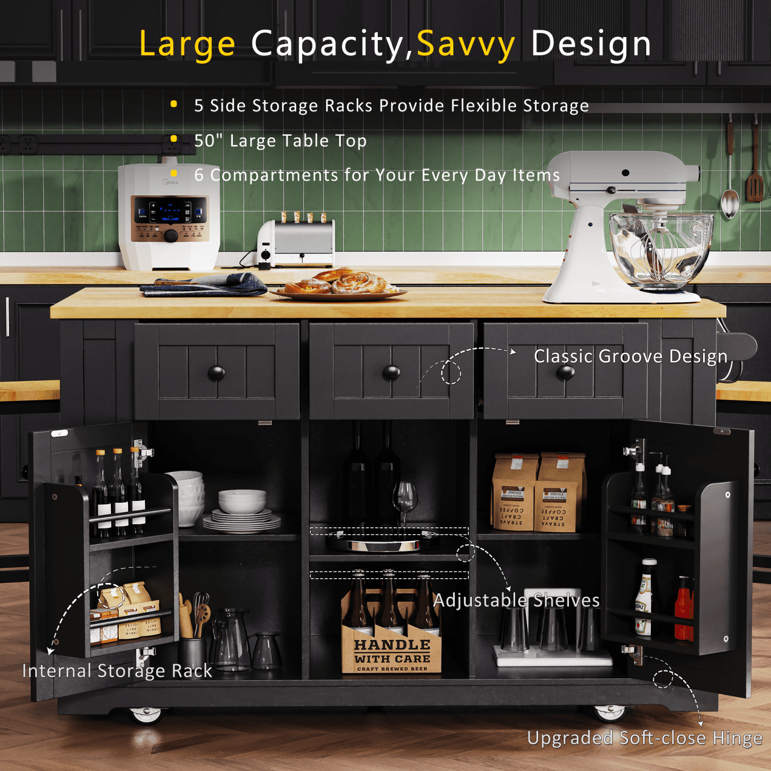 Harper & Bright Designs Large Kitchen Island with 2 Bar Stools and Power Outlet, Kitchen Storage Cart on 5 Wheels with Drop Leaf and Door Internal Storage Rack & 3 Drawers, Black