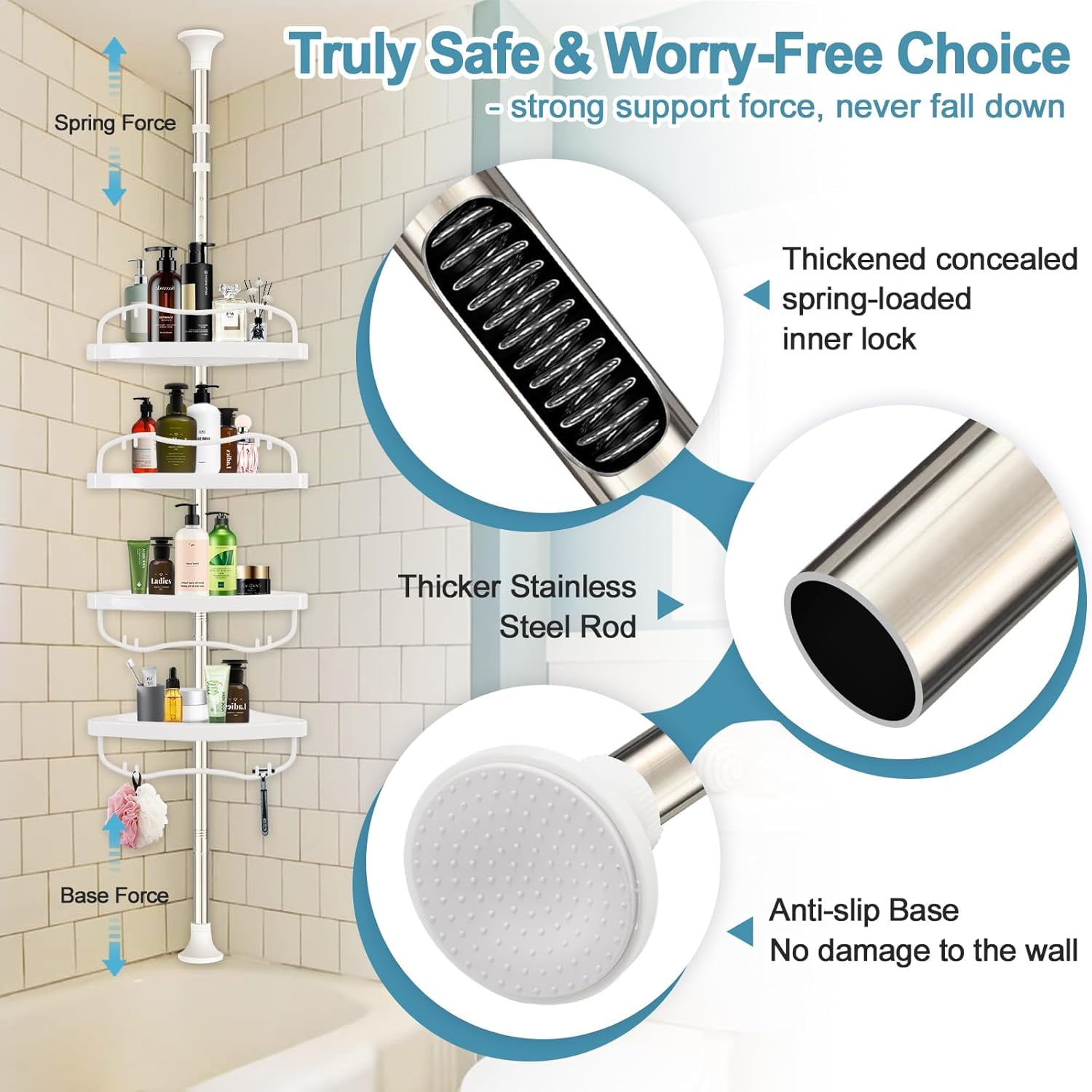 Shower Caddy Corner, No Drilling Rustproof Bathtub Shower Storage Organizer for Bathroom,4-Tier Adjustable Shelves with Tension Pole, White