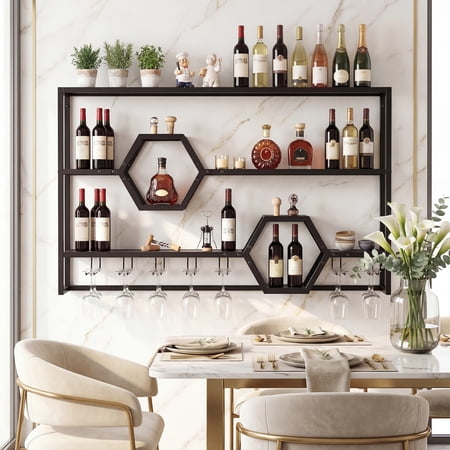 ELLEGNT 47" Wall Mounted Wine Rack with Glass Holder - Large Floating Bar Shelf for Kitchen, Black