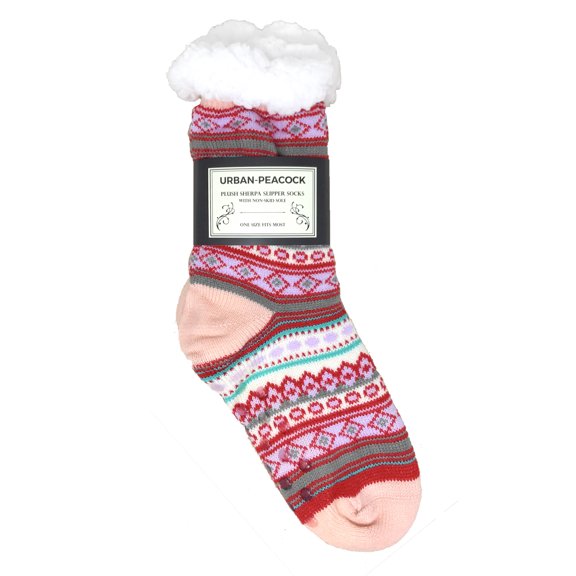 Women's Plush Fleece Lined Cozy Sherpa Gripper Slipper Socks - Cream, Red & Peach