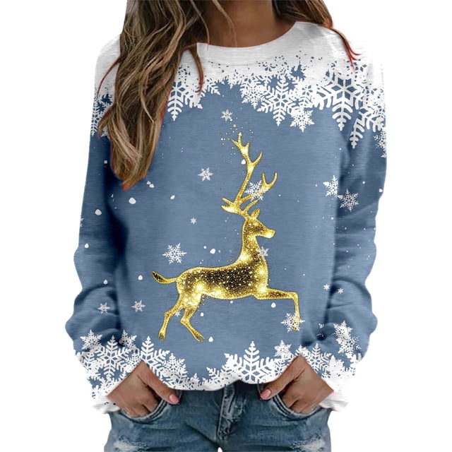 WEAIXIMIUNG Sweatshirts Grande Taille pour Femmes 3X Carcos Dames Décontracté Grand Cerf Doré Flocon de Neige Imprimé de Noël Col Rond Manches Longues Capuche Légère