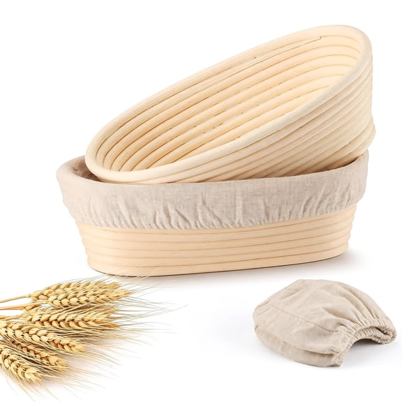 Bohorizon Banneton Bread Proofing Basket, Oval Banneton Bread Baking Baskets with Liner, 10"X5.9"X3.1" , Pack of 2, Natural Rattan