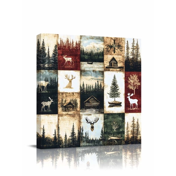 Vintage Forest Canvas Wall Art, Deer Lake Building Distressed Patchwork Framed Wall Decor Modern Artwork Prints Painting for Living Room, Bedroom, Kitchen & Cafe Decor 20x20 Inch