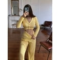 thumbnail image 4 of Women'S Solid Color Knitted Casual Hollow Commuter Suit Long Sleeve Button Top High Waist Pants Two-Piece Suit Yellow M, 4 of 6