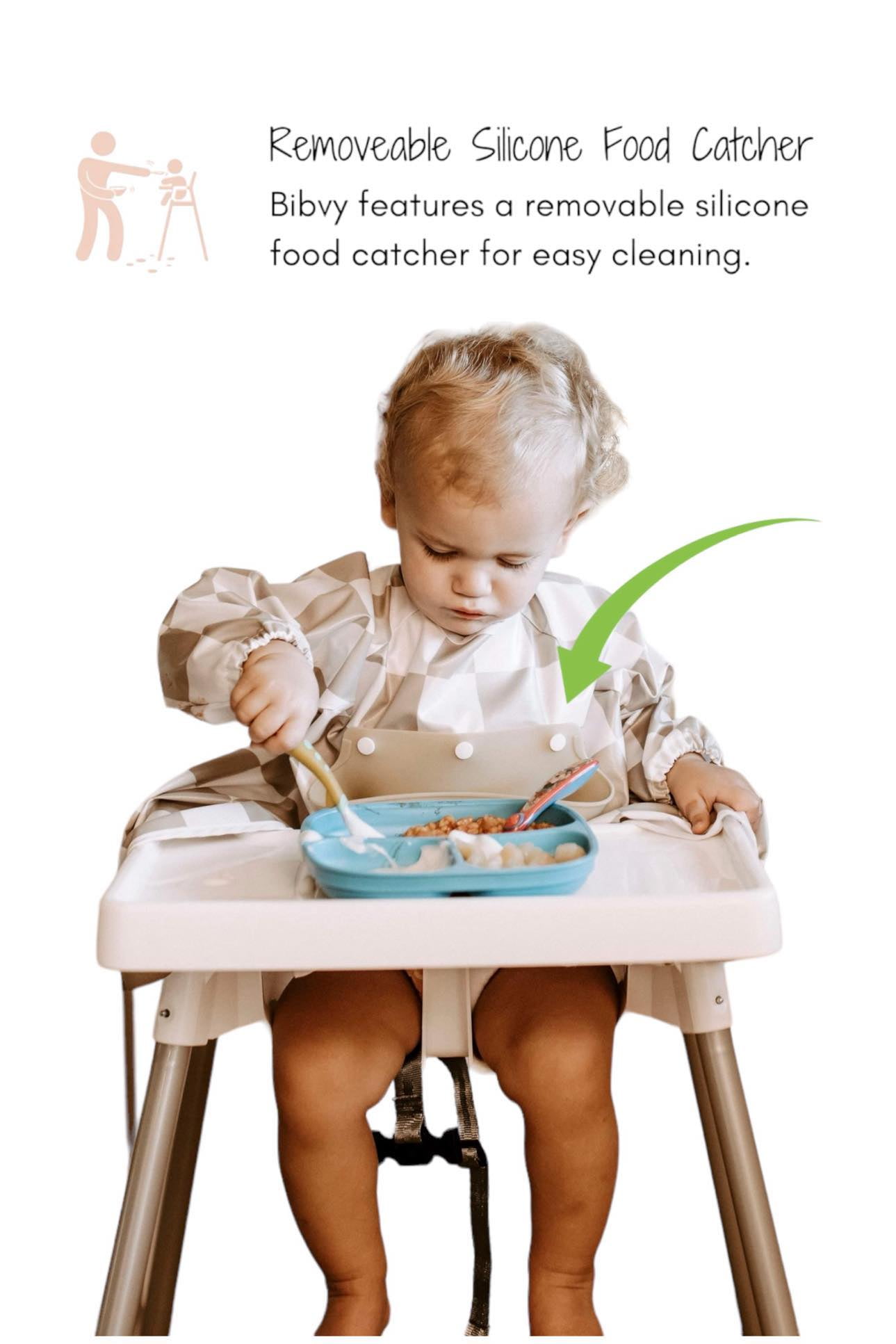 Bibvy Mess Proof Baby Bibs, Toddler Feeding, Silicone Catcher, Chair Attaching, Waterproof, 6-36 Mos