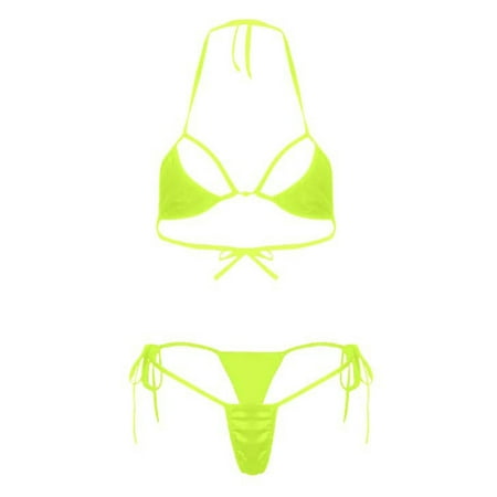 ZQGJB Womens Sheer Extreme Swimsuit Bikini Sexy Halterneck Top and Tie Sides Micro Bikini Thong Sets(B-Green Free Size)