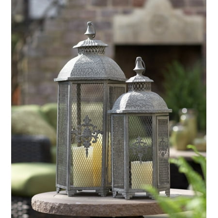 Melrose Set of 2 Antique Mesh Lantern Pillar Candle Lanterns 25.5"