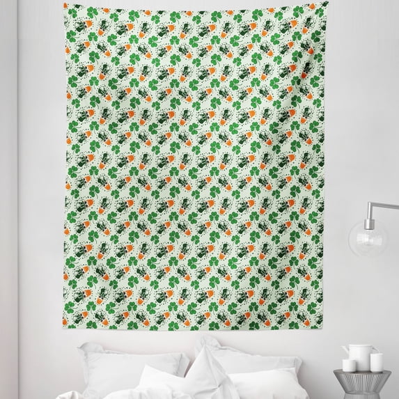 Traditional Tapestry, Patrick's Day Celebration Pattern with Shamrock Leaves Leprechaun, Fabric Wall Hanging Decor for Bedroom Living Room Dorm, 5 Sizes, Orange Green Pale Blue, by Ambesonne