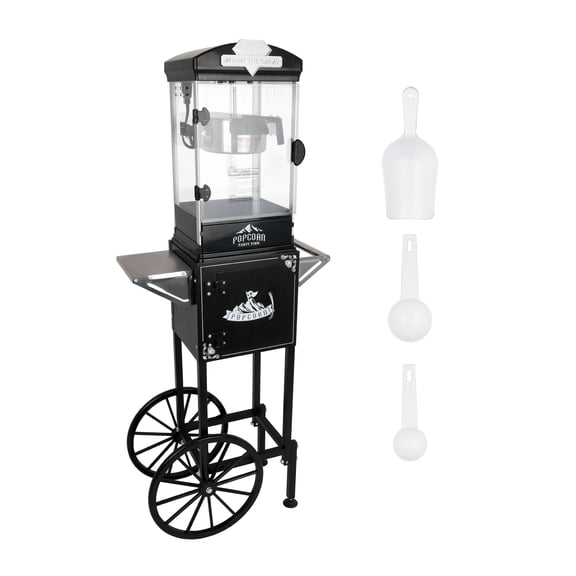 Nostalgia 8oz Popcorn Machine with Cart Vintage Stainless Steel 480W Makes 32 Cups for Home Theater and Movie Nights.
