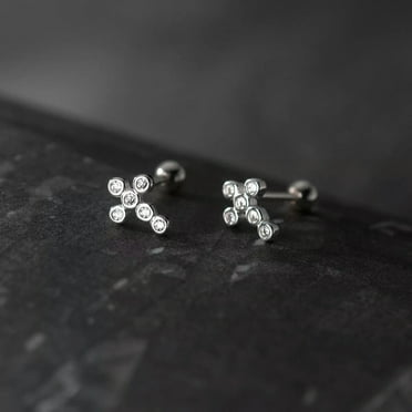 K-KED 925 Sterling Silver Screw Back Stud Earrings Clear Crystal Cross Screwback Studs