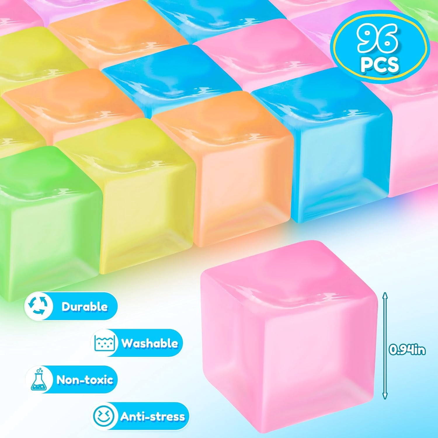 Natonhi 96 pcs Mini Ice Cube Stress Balls Fidget Toys Bulk Squeeze Square Ball Sensory Toys Stress Relief Ice Cube for Small Prize Birthday Party Favor Bags Box Filling