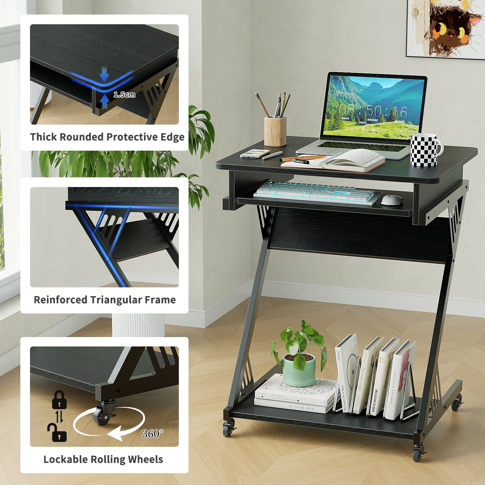 ALISENED 23.6 inch Z-Shaped Mobile Computer Desk with Smooth Keyboard Tray, with Wheels and Bottom Shelves
