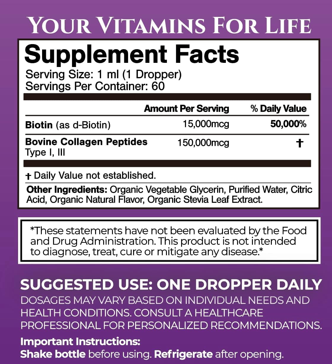 Tropical Oasis Maximum Strength Biotin plus Collagen Peptide Drops, Vitamin Supplement for Hair, Skin, Nails, Tropical Sour Raspberry, 2 fl oz, 60 Servings
