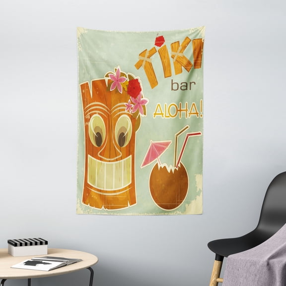 Tiki Bar Tapestry, Invitation to Tiki Bar Old Fashion Display Coconut Drink Mask and Flowers Print, Wall Hanging for Bedroom Living Room Dorm Decor, 40W X 60L Inches, Multicolor, by Ambesonne