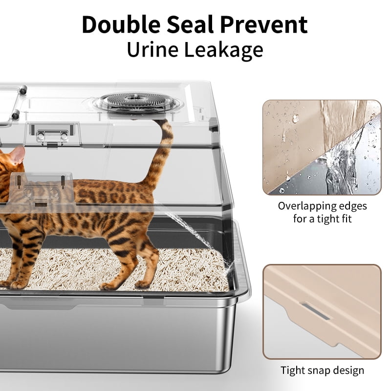 XXL Stainless Steel Cat Litter Box with Lid, 3-in-1 Enclosed Litter Box, 27.5 x 19.7 x 17 Inch Extra Large Metal Litter Pan for Big Cats, Odor Control, High Sided Anti-Leakage, Scoop Included