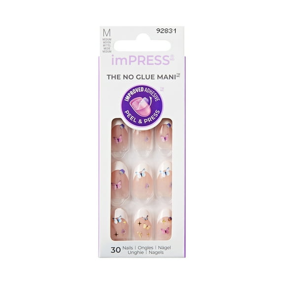 KISS imPRESS No Glue Needed Press On Nails, Design, Overdressed, White, Medium Oval, 30 Count