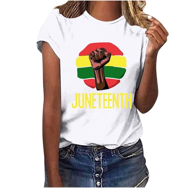 Tops de Manga Corta para las Mujeres de Ajuste Suelto, Día de la Independencia Negro Impreso, Cuello Redondo Suelto Superior