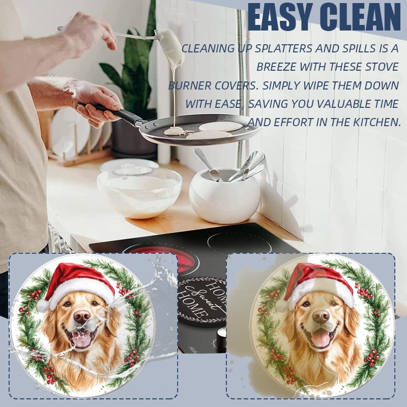 Christmas Round Gas Stove Burner Covers, Christmas Green Wreath Cute Dog Mental Durable Gas Stove Burner Covers Set of 4 for Kitchen Xmas Decor, 8 Inches and 10 Inches