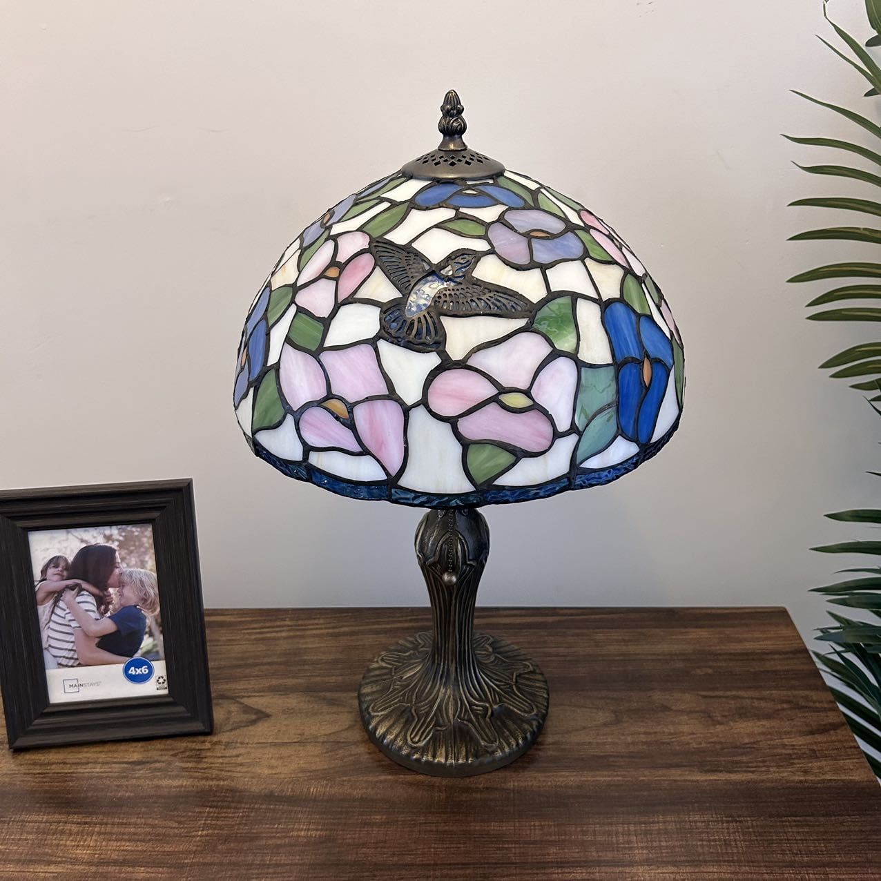 Pink Blue Stained Glass Table Lamp Hummingbird Flowers for Living Room Bedroom Bedside 12"W*12"D*19"H