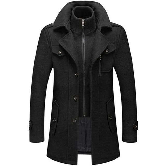 abrigo de lana de invierno para hombre, abrigo de lana de cuello doble informal para hombre Negro. Vista frontal centrada de abrigo entallado con cuello clásico con muesca, cierre interior de cremallera alta y cierre exterior con botones; bolsillos laterales con solapa, bolsillo vertical con cremallera en el pecho, mangas largas con tiras abotonadas y forro interior visible. Ideal para uso diario, oficina informal y salidas de fin de semana; a menudo usado también como capa elegante para viajes cortos.