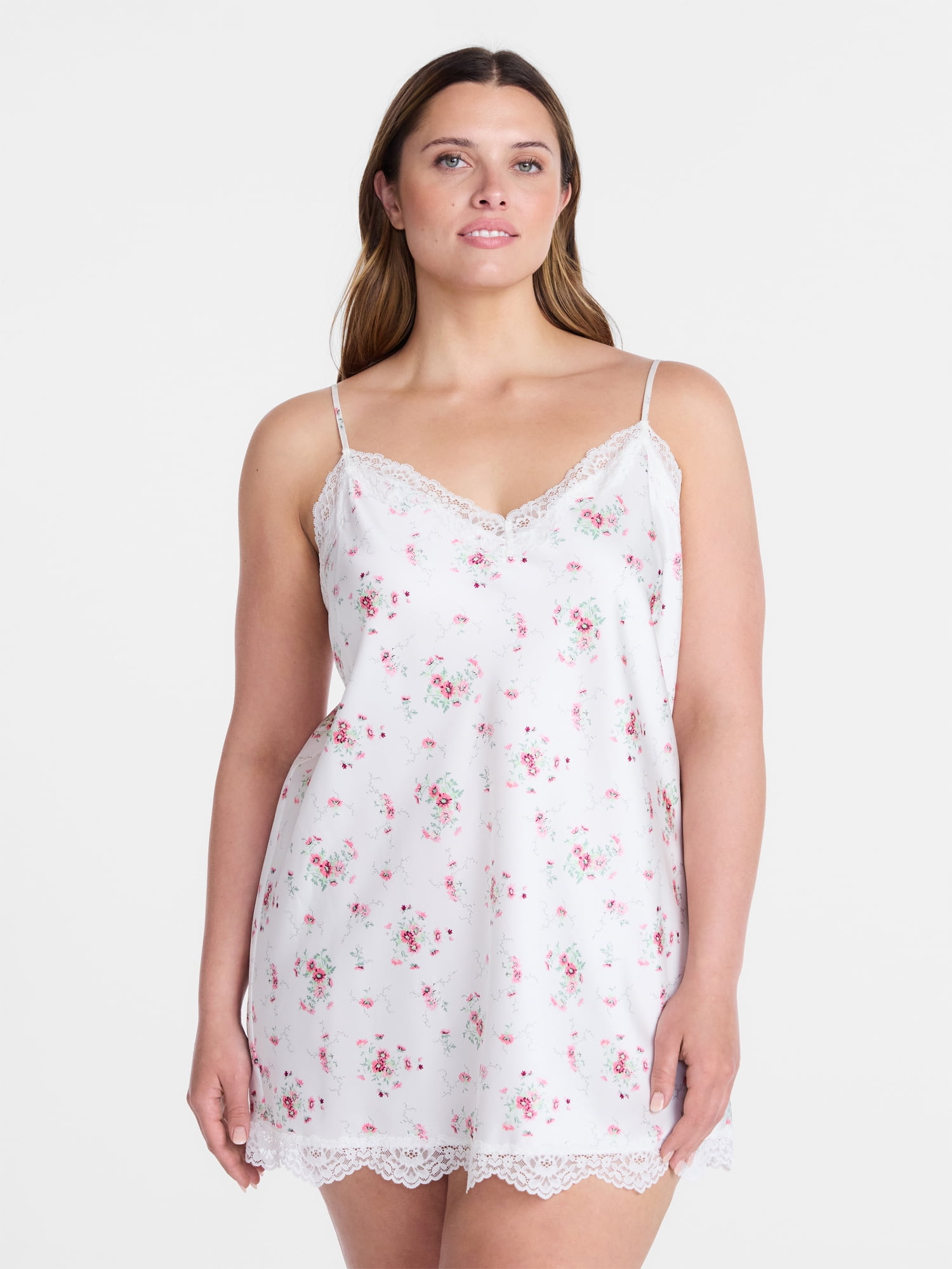 Joyspun Women's Lace Trim Stretch Satin Chemise, Sizes S-3X