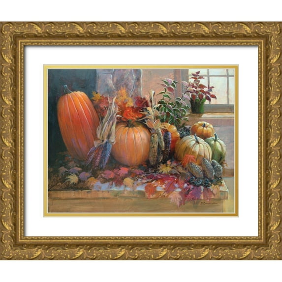 Bansemer, Roger 32x26 Gold Ornate Wood Framed with Double Matting Museum Art Print Titled - Pumpkins on the Hearth