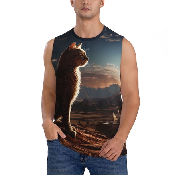Balery Pyramid Desert Cat Camisetas sin mangas para hombre, absorbe la humedad y protege contra el mal olor.-Large