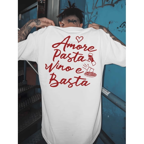 T-shirt pour Homme Italien et Vin Phrase Italienne « Amore Pasta Vino e Basta » (Aimer les Pâtes Vin et C'est Ça) Imprimé au Dos avec Pâtes