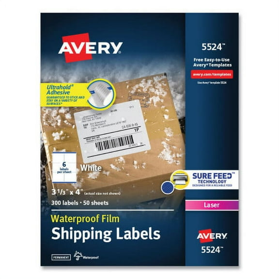 Avery Waterproof Shipping Labels with TrueBlock and Sure Feed, Laser Printers, 3.33 x 4, White, 6/Sheet, 50 Sheets/Pack