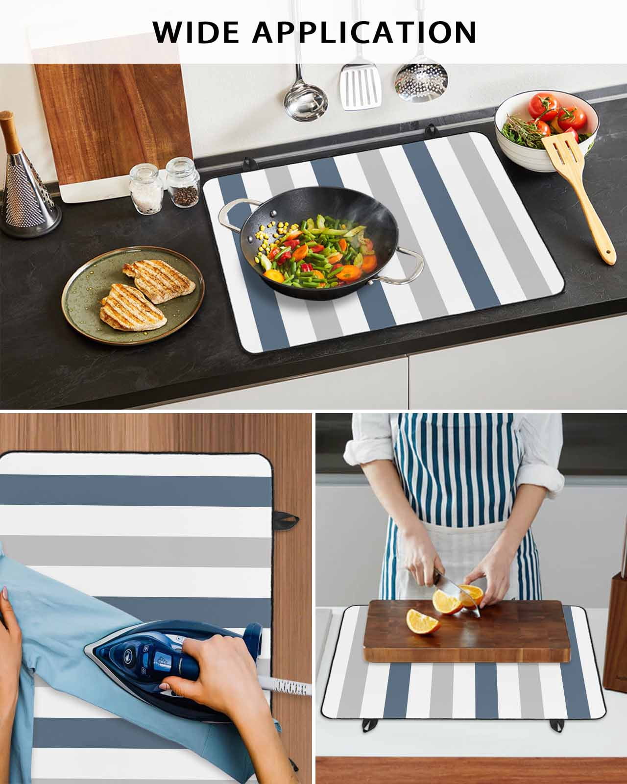 nqOlkjepod Large Induction Cooktop Protector Mat 36"x21", Blue Gray Striped Stove Top Covers for Electric Stove, Farmhouse Stripe Art Decorative Stove Burner Cover Mats, Glass Top Stove Cover