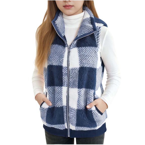 DxhmoneyHX Girls Plaid Fuzzy Vest Fleece Stand‑Collar Zip‑Up Sleeveless Jackets Fall Winter Warm Outdoor Gilet with Pockets 3‑16 Years