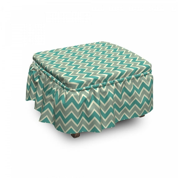 Chevron Ottoman Cover, Angular Stripes Pattern, 2 Piece Slipcover Set with Ruffle Skirt for Square Round Cube Footstool Decorative Home Accent, Standard Size, Pale Sage Green Beige, by Ambesonne