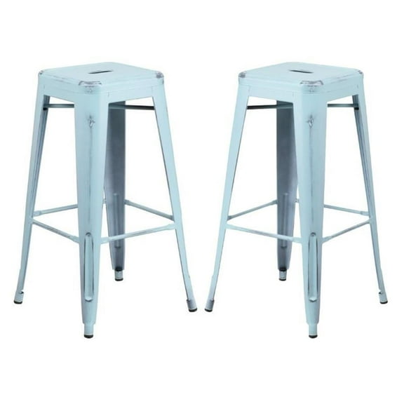 Home Square 30" Metal Backless Bar Stool in Distressed Green-Blue - Set of 2