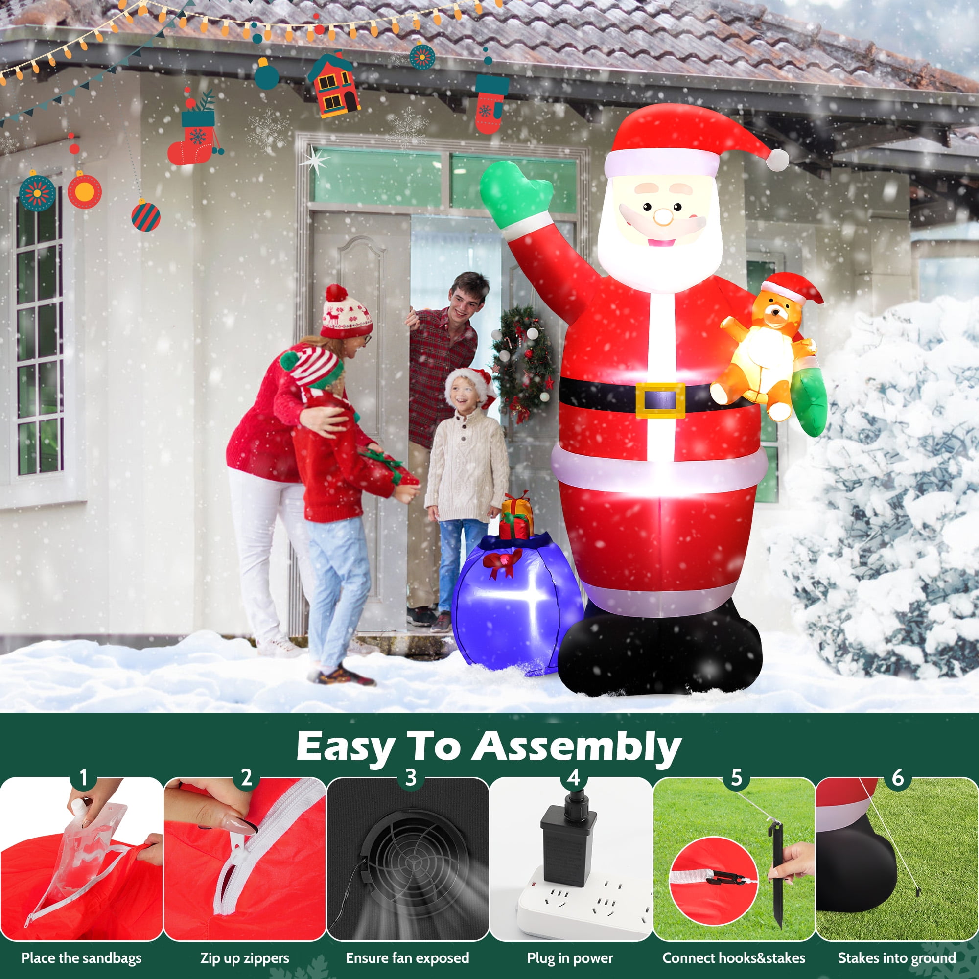 7ft Christmas Inflatable Santa Claus Outdoor Decor with Gift Bag and Bear Large Blow Up Santa with LED Lights for Yard,Garden,Lawn